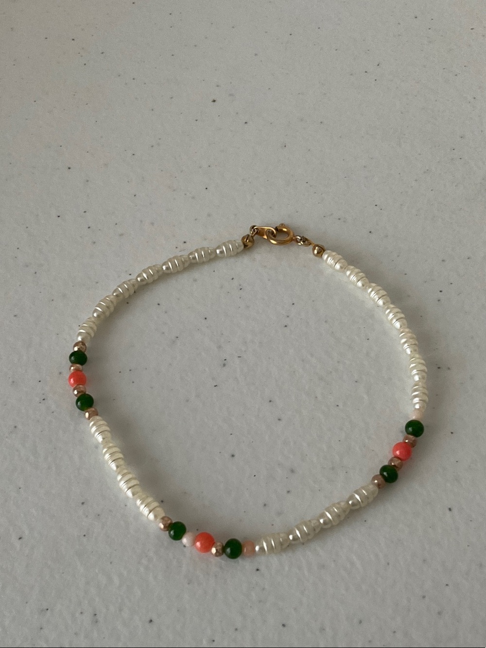 Freshwater Pearl Ankle Bracelet with Coral and Green Beads